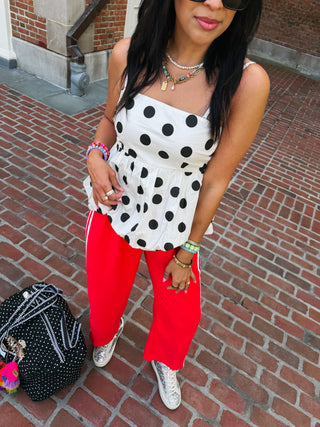on a red eye stripe pants