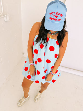 polka dot bubble dress - blue / red