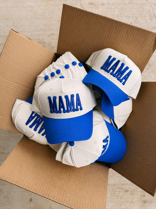 blue + cream mama puff trucker hat