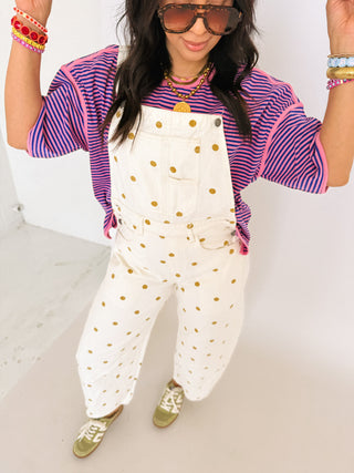 orange blossom polka dot overalls