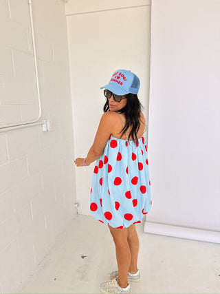 polka dot bubble dress - blue / red