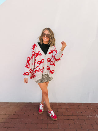 oversized bow cardigan - red