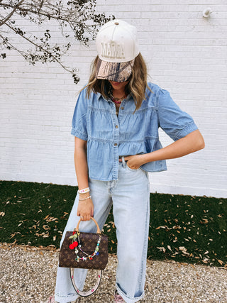 denim ruffle top