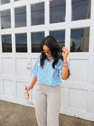 dolly denim polka dot top