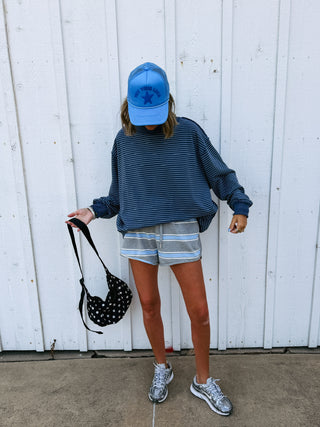adore you blue stripe mock neck