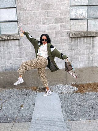 leopard love barrel jeans