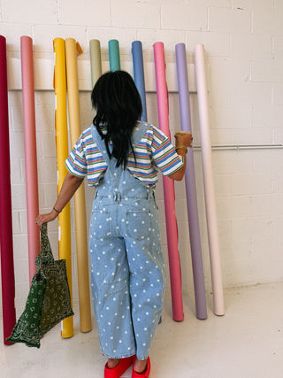 denim polka dot barrel leg overalls
