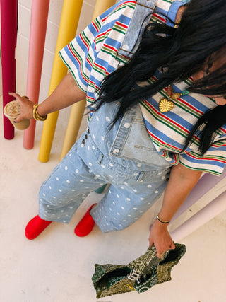denim polka dot barrel leg overalls