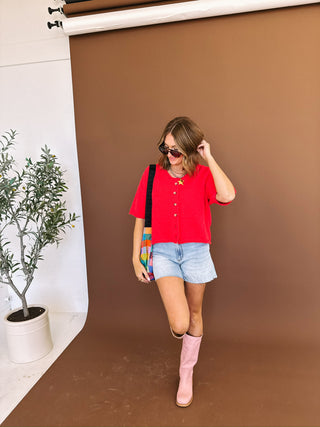 so soft simple button sweater - cherry