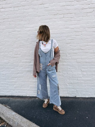 artsy patchwork overalls