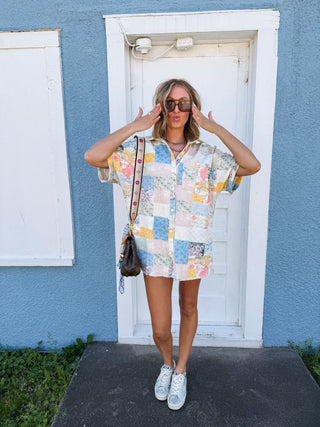 oversized floral patchwork button up