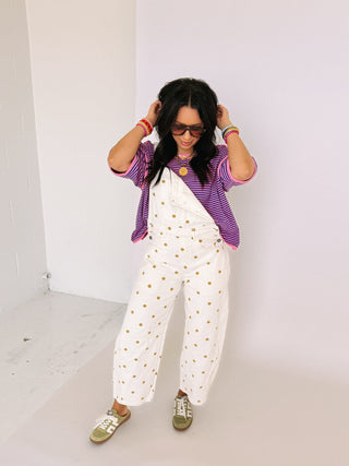 orange blossom polka dot overalls