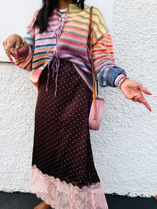burning love polka dot midi skirt