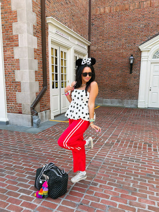 on a red eye stripe pants