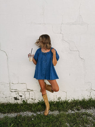 dancing queen denim romper