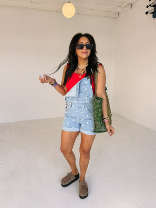 denim polka dot shorty overalls