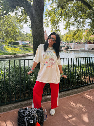 on a red eye stripe pants