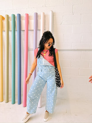 denim polka dot barrel leg overalls