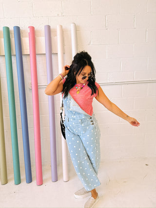 denim polka dot barrel leg overalls