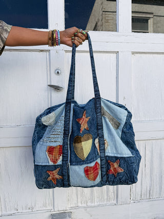 denim patchwork tote bag