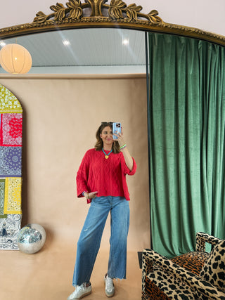 red hot cable knit sweater