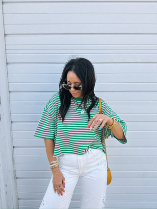 thin stripe boxy tee - green / pink