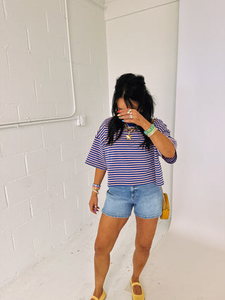 thin stripe boxy tee - blue / pink
