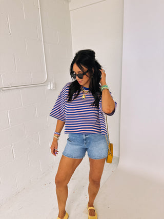 thin stripe boxy tee - blue / pink