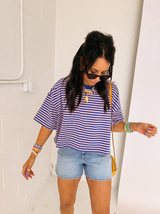 thin stripe boxy tee - blue / pink