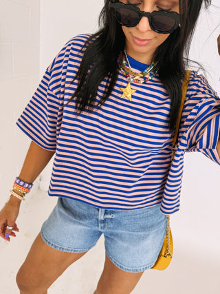 thin stripe boxy tee - blue / pink