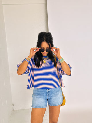 thin stripe boxy tee - blue / pink