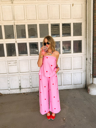 pink flamingo polka dot pants