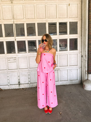 pink flamingo polka dot pants