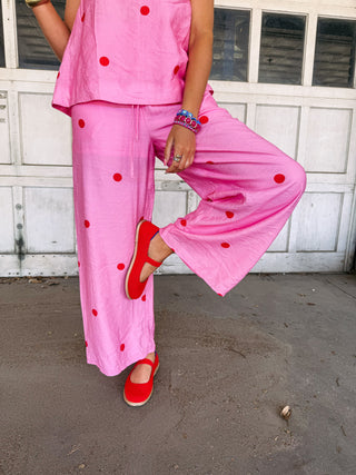 pink flamingo polka dot pants