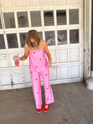 pink flamingo polka dot top