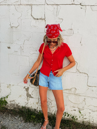 time after time button top - red