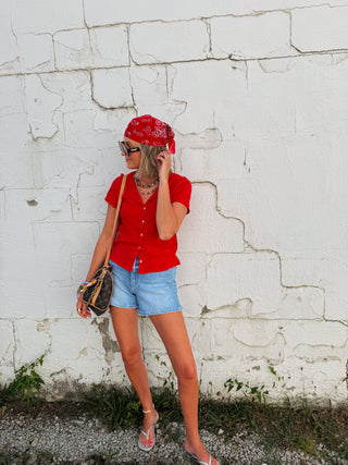 time after time button top - red