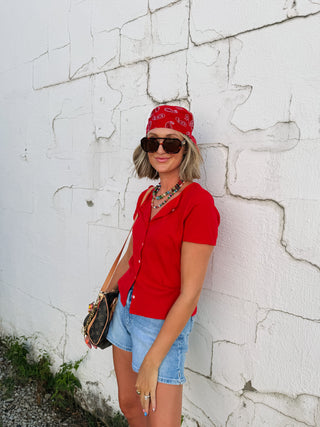 time after time button top - red